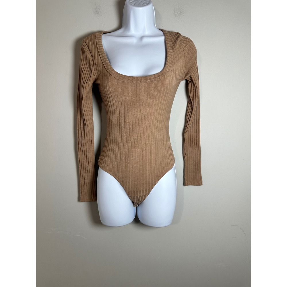 JLUXLABEL LABEL Tan Ribbed Long‎ Sleeve Scoop Neck Bodysuit Neutral Basic Small